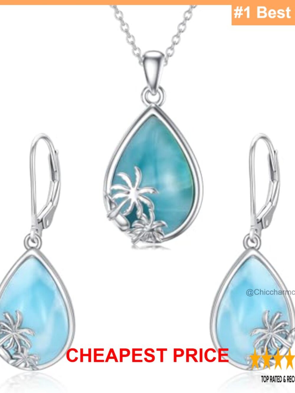 Larimar Palm Tree Necklace Earrings Set 925 Sterling Silver Jewelry Gift